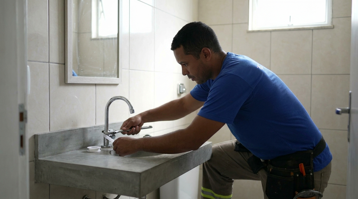 Encanador instalando torneira em Santos‑SP