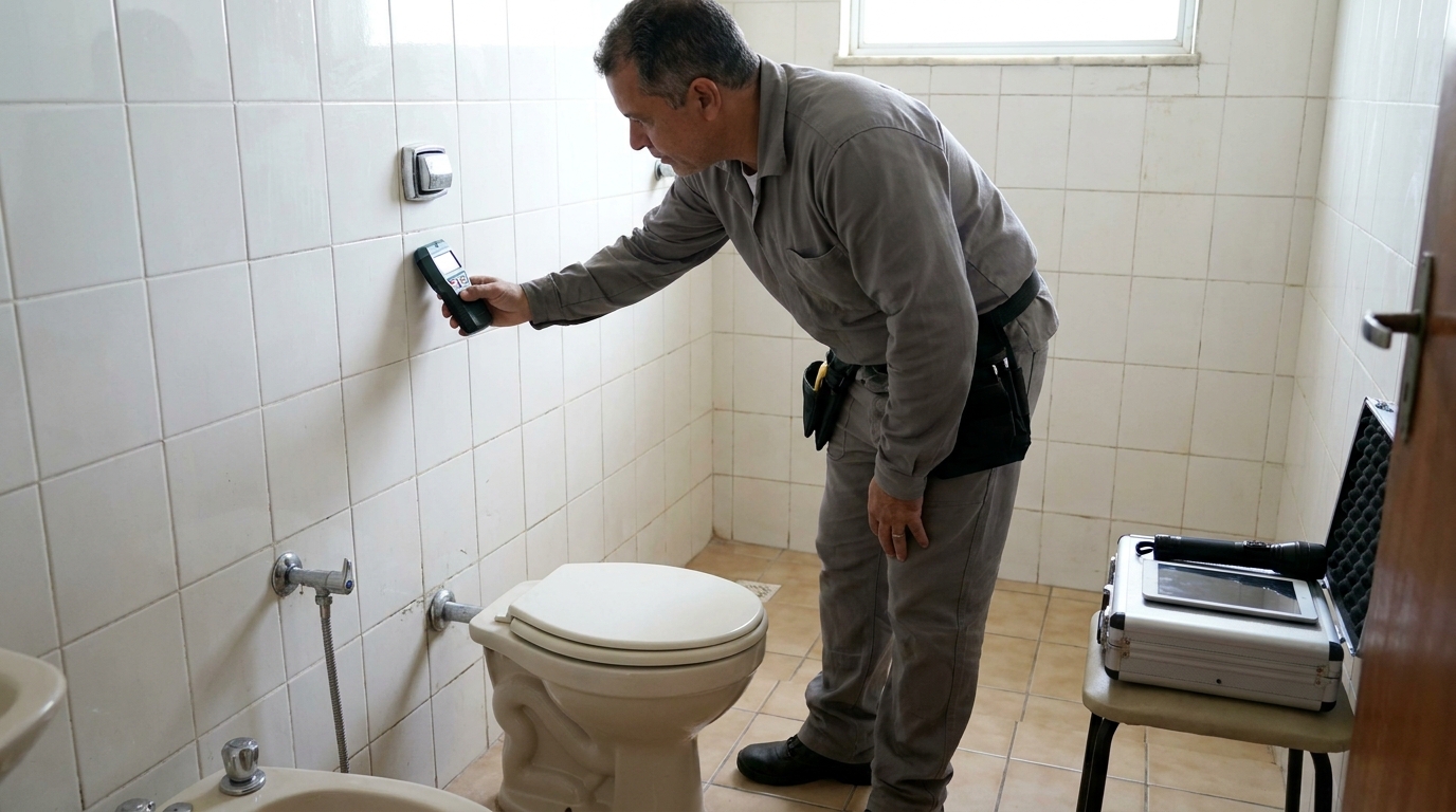Técnico de caça vazamento analisando tubulação em Santos‑SP