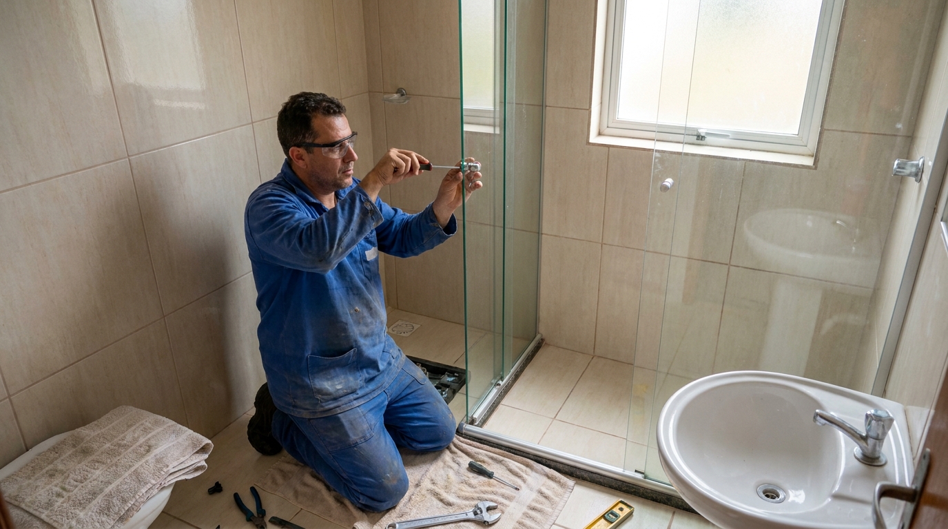 Técnico realizando manutenção de box em Santos‑SP
